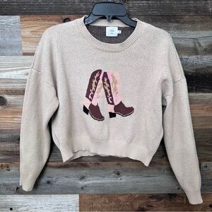 Luna Ivy Anthropologie Cowgirl Boot Tan Sweater Novelty Classic Equestrian Small